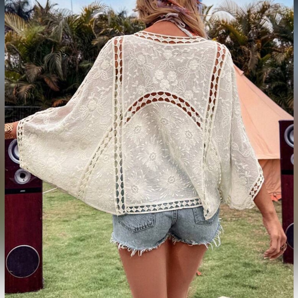 Crochet lace embroidered cover up cream top kimono boho